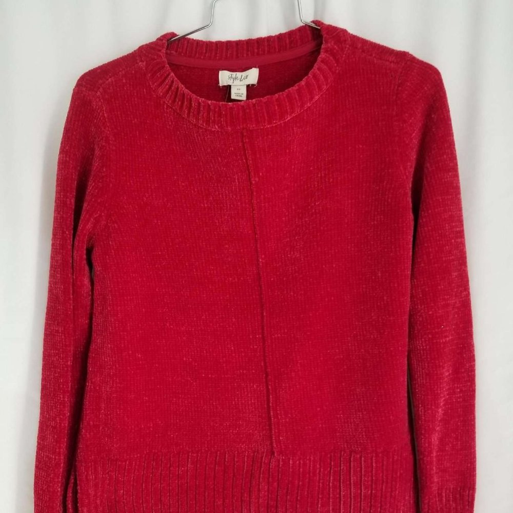 Style and Co Crew Neck Red Velvet eibbed sleeves and edges with seam Size PP